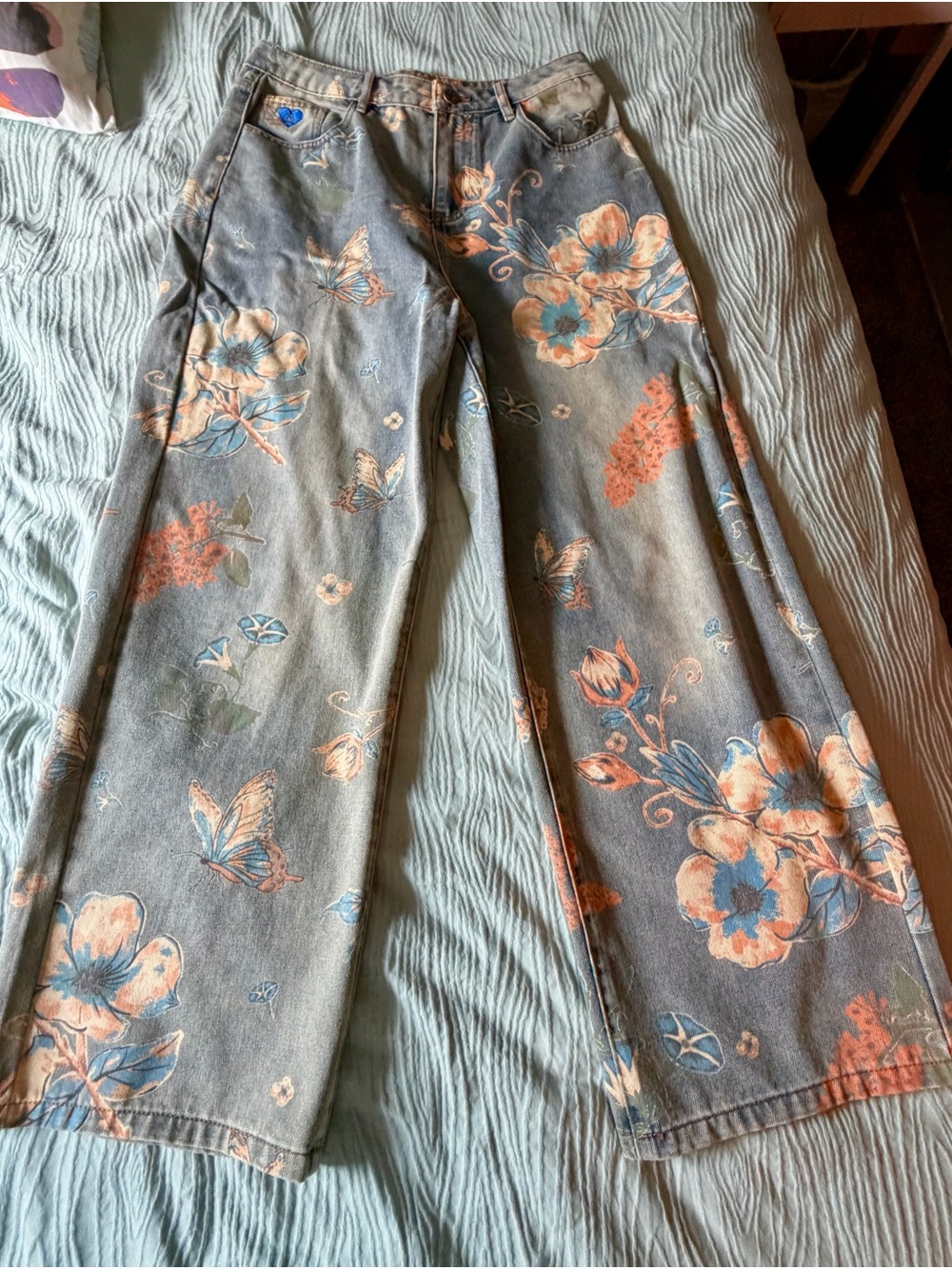 Aelfric Eden Blue Denim Jeans with Peach Floral Accents 32 (XL)